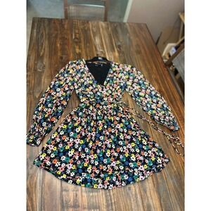Skater Mini Dress ASOS DESIGN Floral Print  Long Sleeve Wrap Tie Black‎ Size 6